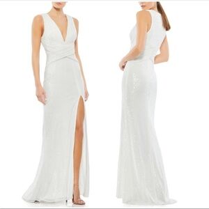 Leena for Mac Duggal V-Neck Sequin Wrap Waist Gown White Side Slit Size 8